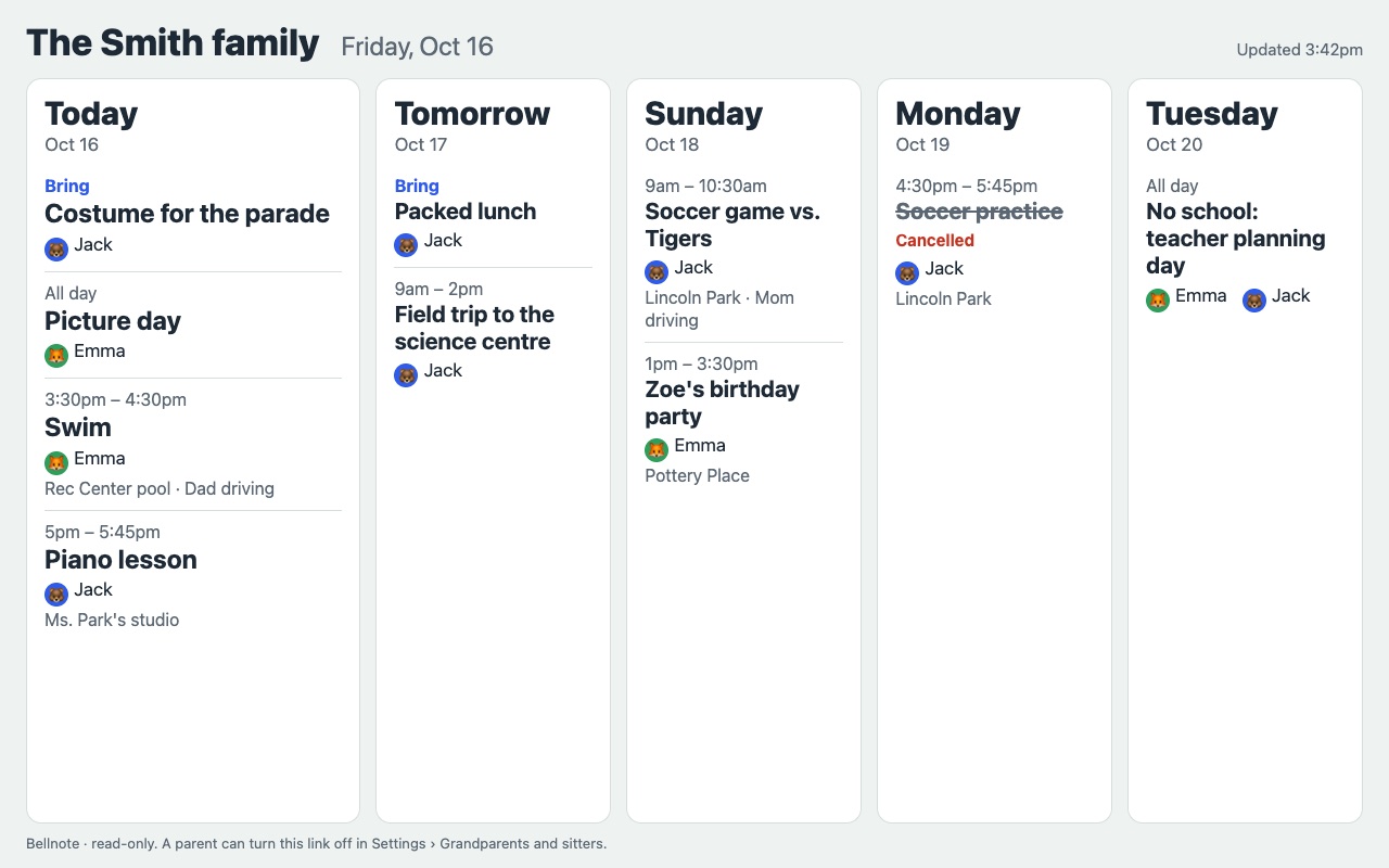 A wall screen showing the Smith family's next five days: today, Jack brings a costume for the parade, Emma has picture day and swim at 3:30 with Dad driving, and Jack has piano at 5; tomorrow a field trip; Sunday a soccer game and a birthday party; Monday's soccer practice is cancelled; Tuesday there's no school.